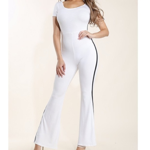 Pants - White Black Stripe Catsuit Jumper Romper Stretch